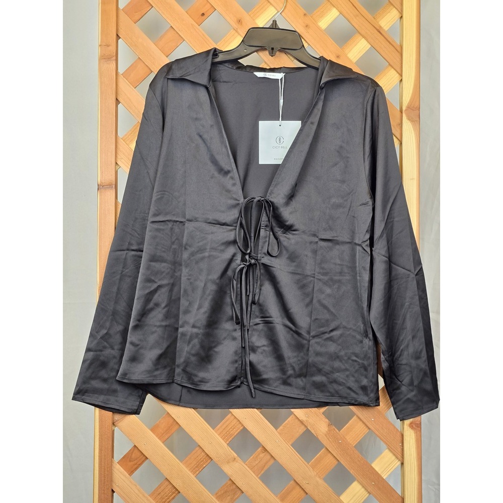 Cicy‎ Bell Long Sleeve Tie Front Top Womens Large Black Satin V-Neck - New